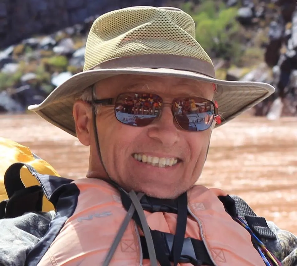 William D. Barrick on a raft in the Grand Canyon