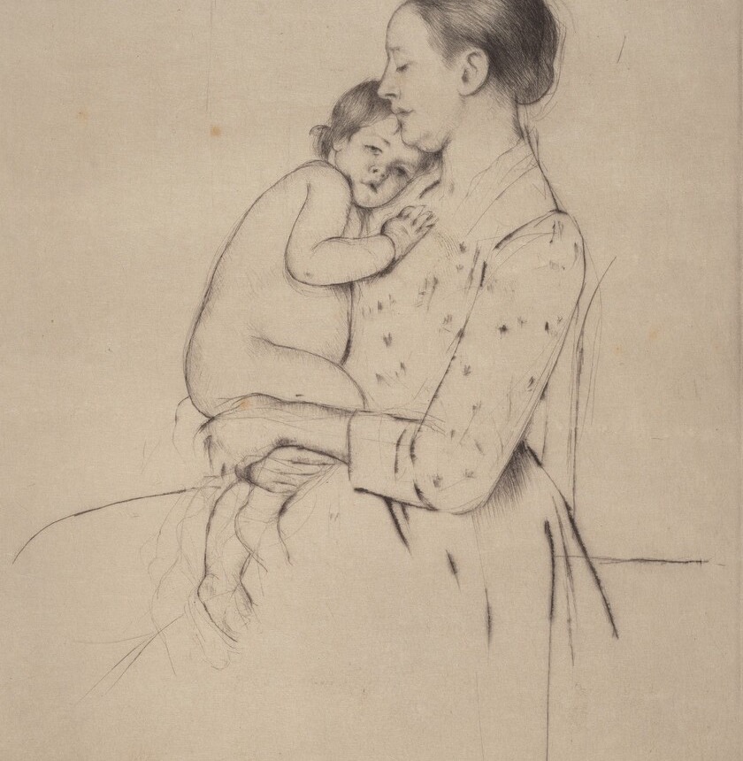 Mary Cassatt’s etching of a mother with her eyes closed, holding a small child who rests its head against her shoulder