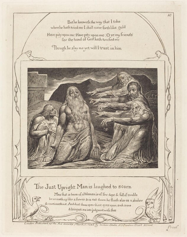 William Blake’s engraving of Job seated on the ground while his three friends point at him accusingly
